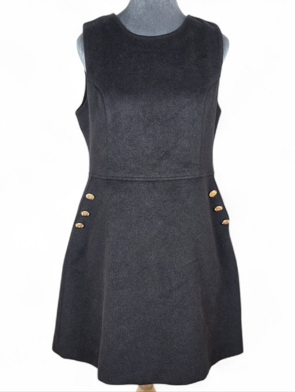 S'EDGE Rebecca A-line Sleeveless Mini Dress Sz.M Gold Buttons Old Money
